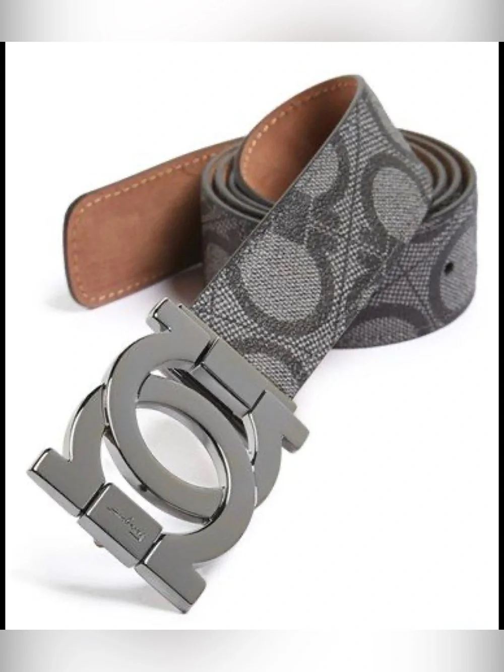Salvatore Ferragamo Gray Signature Print Belt with Gunmetal Gancini Buckle